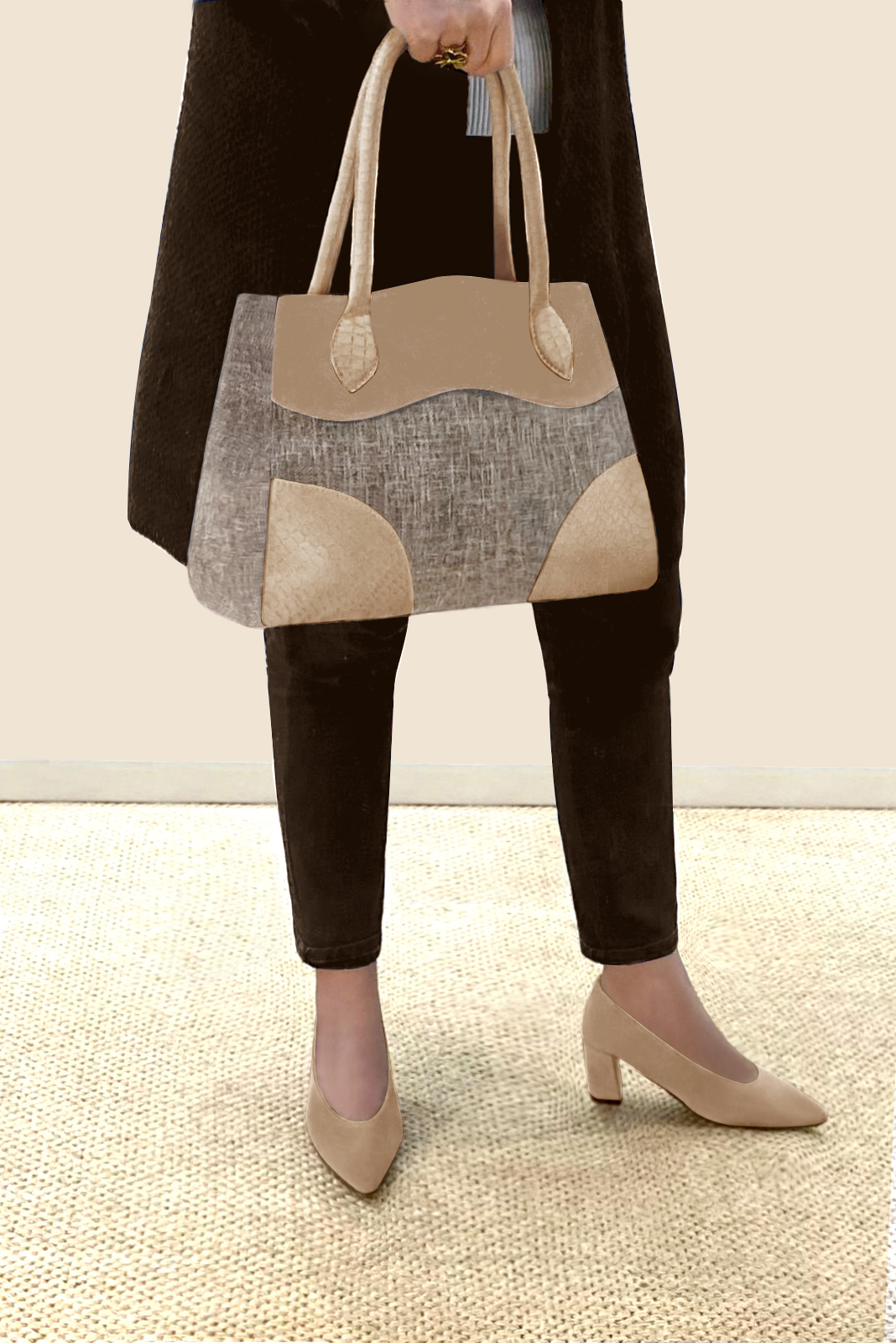 Natural beige women's dress handbag, matching pumps and belts. Worn view - Florence KOOIJMAN